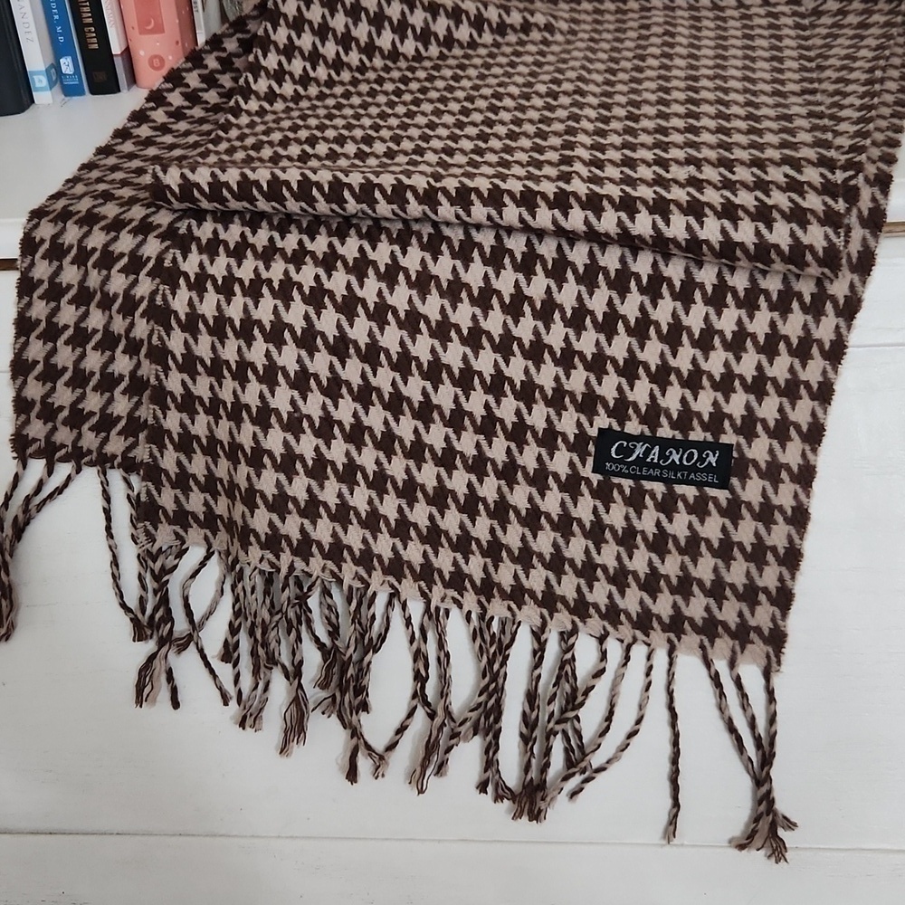 100% Clear Silk Tassel Scarf Unisex Camel beige Brown Houndstooth Luxury - Picture 3 of 10